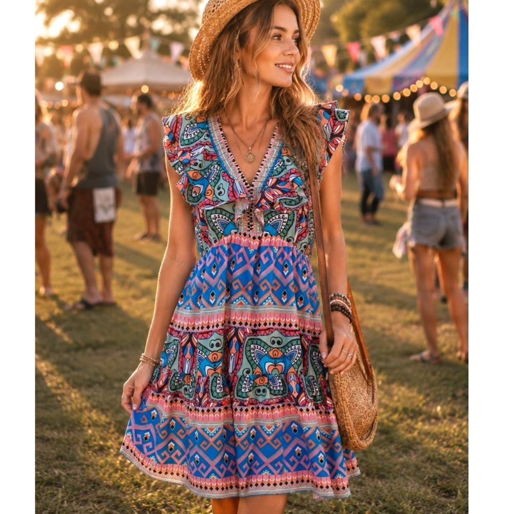 Joy Joy dress boho Paisley sz s Ruffle V-Neck Tiered Mini Dress Blue Pink Multi
